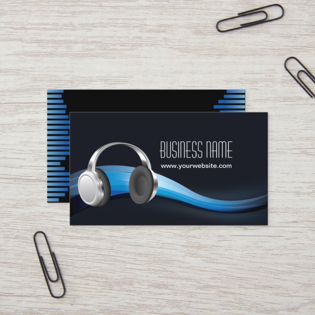 DJs Cool Music Waves and Headphone Business Card (Front/Back In Situ)