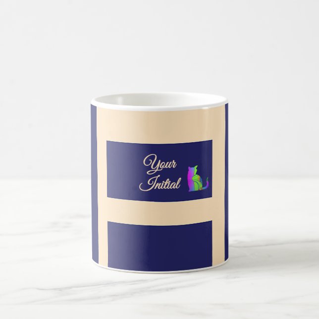Dk Blue + Cream Stripes Green Cat Coffee Mug (Center)