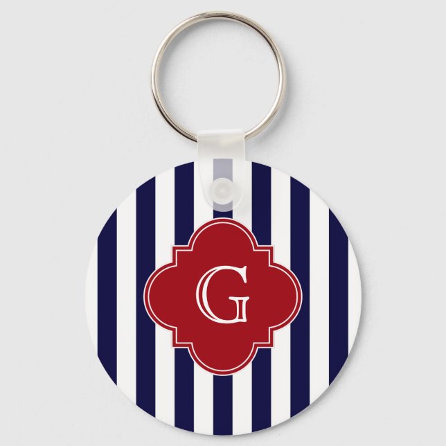Dk Blue White Stripe Cranberry Quatrefoil Monogram Key Ring (Front)