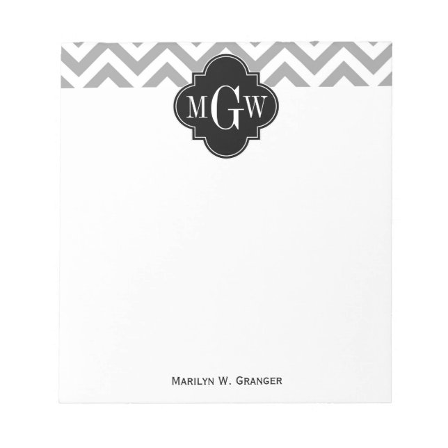 Dk Gray Lg Chevron Black Quatrefoil 3 Monogram Notepad (Front)
