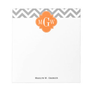 Dk Gray Lg Chevron Pumpkin Quatrefoil 3 Monogram Notepad