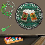 Dk Green Rustic Wood Cheers Beers Shenanigans  Dartboard<br><div class="desc">Cheers Beers and Shenanigans  Beer Stein mugs with 4-leaf clover shamrock. This Irish Beer Drinking-themed dartboard is just right  for your occasion and makes the perfect personalised Gift,  it's great for graduation weddings,  parties,  family reunions,  and just everyday fun. Our easy-to-use template makes personalising easy.</div>