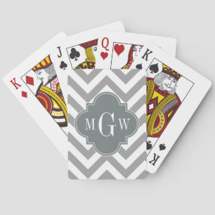 Dk Grey Lg Chevron Charcoal Quatrefoil 3 Monogram Playing Cards