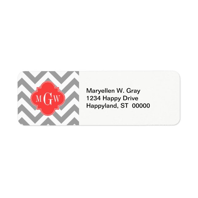Dk Grey Lg Chevron Coral Red Quatrefoil 3 Monogram (Front)
