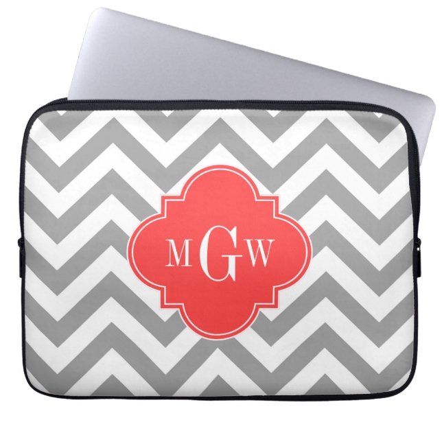 Dk Grey Lg Chevron Coral Red Quatrefoil 3 Monogram Laptop Sleeve (Front)