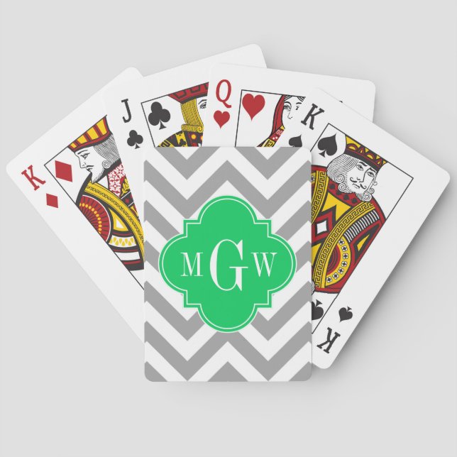 Dk Grey Lg Chevron Emerald Quatrefoil 3 Monogram Playing Cards (Back)