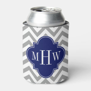 Dk Grey Lg Chevron Navy Quatrefoil 3 Monogram Can Cooler