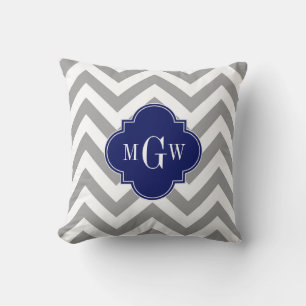 Dk Grey Lg Chevron Navy Quatrefoil 3 Monogram Cushion