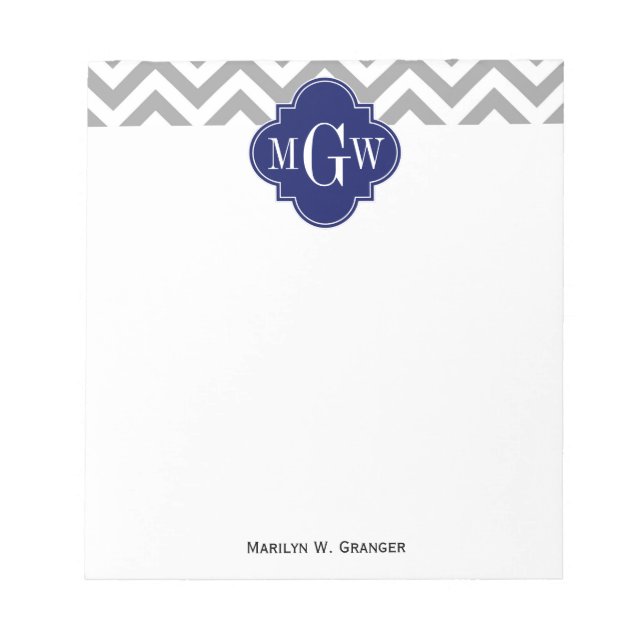 Dk Grey Lg Chevron Navy Quatrefoil 3 Monogram Notepad (Front)