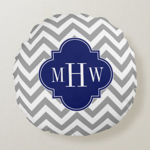 Dk Grey Lg Chevron Navy Quatrefoil 3 Monogram Round Cushion