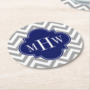 Dk Grey Lg Chevron Navy Quatrefoil 3 Monogram Round Paper Coaster