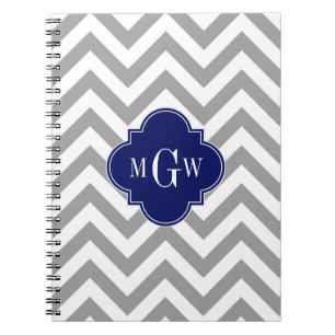 Dk Grey Lg Chevron Navy Quatrefoil 3 Monogram Spiral Notebook