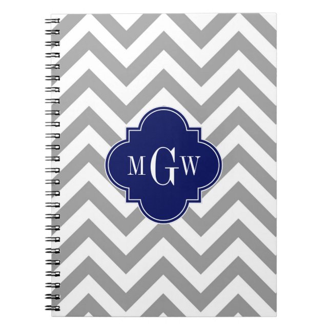Dk Grey Lg Chevron Navy Quatrefoil 3 Monogram Spiral Notebook (Front)