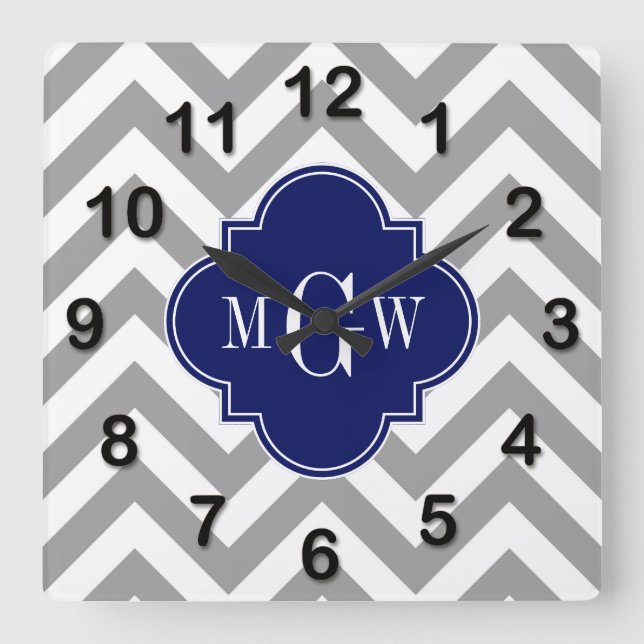 Dk Grey Lg Chevron Navy Quatrefoil 3 Monogram Square Wall Clock (Front)