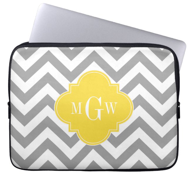 Dk Grey Lg Chevron Pineapple Quatrefoil 3 Monogram Laptop Sleeve (Front)