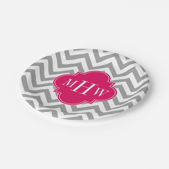 Dk Grey Lg Chevron Raspberry Quatrefoil 3 Monogram Paper Plate (Angled)