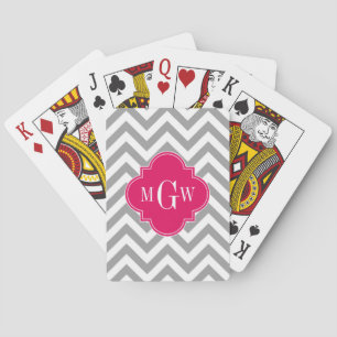 Dk Grey Lg Chevron Raspberry Quatrefoil 3 Monogram Playing Cards