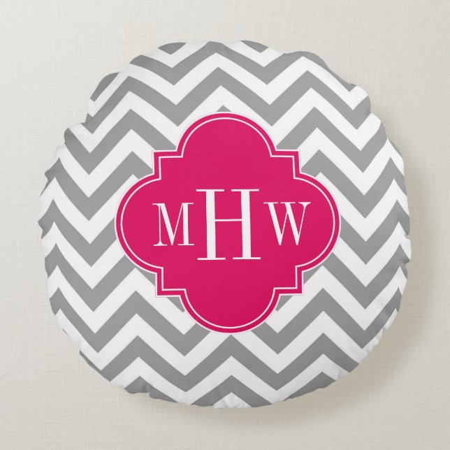 Dk Grey Lg Chevron Raspberry Quatrefoil 3 Monogram Round Cushion (Front)