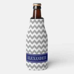 Dk Grey White Chevron Navy Name Monogram Bottle Cooler