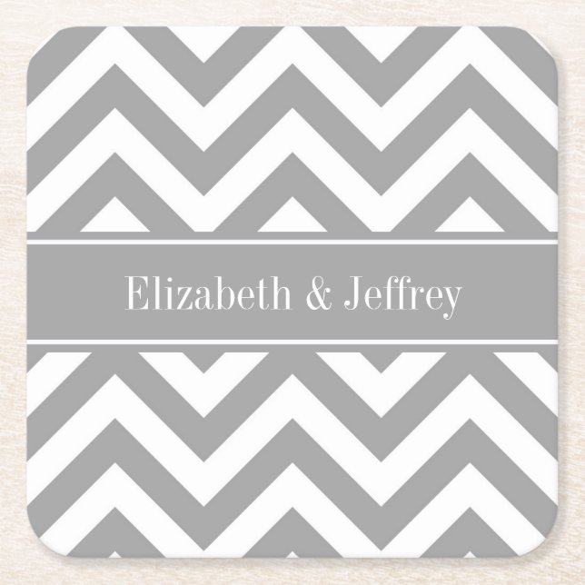 Dk Grey White LG Chevron Dk Grey Name Monogram Square Paper Coaster (Front)