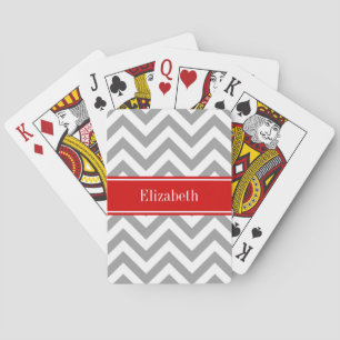 Dk Grey White LG Chevron Red Name Monogram Playing Cards