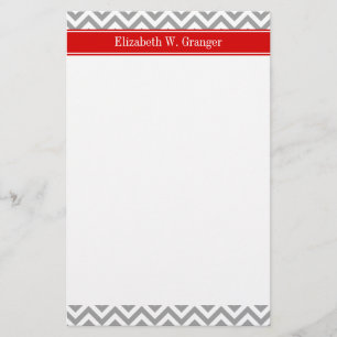 Dk Grey White LG Chevron Red Name Monogram Stationery