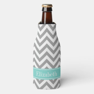 Dk Grey White LG Chevron Turquoise Name Monogram Bottle Cooler
