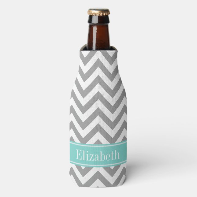 Dk Grey White LG Chevron Turquoise Name Monogram Bottle Cooler (Bottle Front)