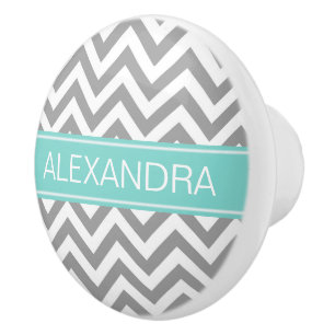 Dk Grey White LG Chevron Turquoise Name Monogram Ceramic Knob