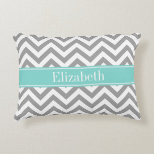 Dk Grey White LG Chevron Turquoise Name Monogram Decorative Cushion