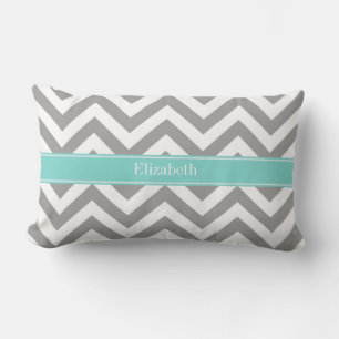 Dk Grey White LG Chevron Turquoise Name Monogram Lumbar Cushion