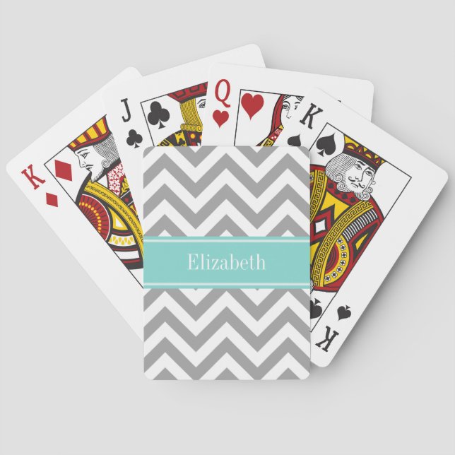 Dk Grey White LG Chevron Turquoise Name Monogram Playing Cards (Back)