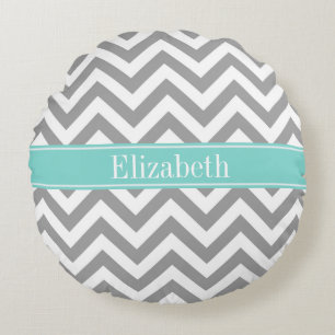 Dk Grey White LG Chevron Turquoise Name Monogram Round Cushion