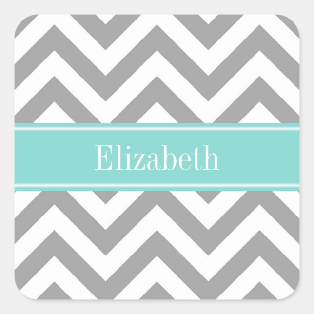 Dk Grey White LG Chevron Turquoise Name Monogram Square Sticker (Front)