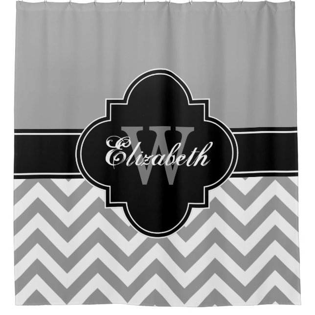 Dk Grey Wht LG Chevron Black 1ICBR Name Monogram Shower Curtain (Front)