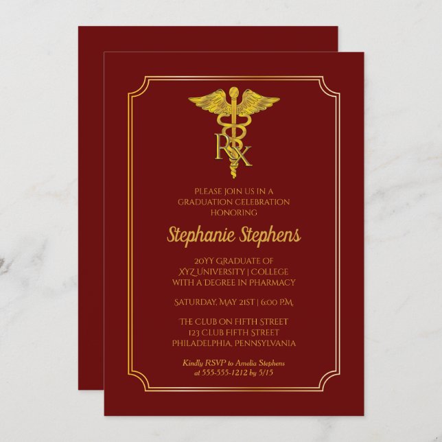 Dk Red | Gold Rx Pharmacy Graduation Party Invitation (Front/Back)