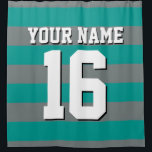 Dk Teal Charcoal Sports Jersey Preppy Stripe Shower Curtain<br><div class="desc">Preppy Striped Team Jersey / Sports Jersey / Football Jersey / Rugby Jersey with Custom Name Customise this with your own name or team name and a number. You can change the size, colour and placement of the text if you need to make changes, change the colour of or remove...</div>