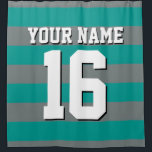 Dk Teal Charcoal Sports Jersey Preppy Stripe Shower Curtain<br><div class="desc">Preppy Striped Team Jersey / Sports Jersey / Football Jersey / Rugby Jersey with Custom Name Customise this with your own name or team name and a number. You can change the size, colour and placement of the text if you need to make changes, change the colour of or remove...</div>