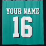 Dk Teal White Sports Jersey Team Jersey Shower Curtain<br><div class="desc">Preppy Solid Colour Team Jersey / Sports Jersey / Football Jersey / Rugby Jersey with Custom Name Customise this with your own name or team name and a number. You can change the size, colour and placement of the text if you need to make changes, change the colour of or...</div>