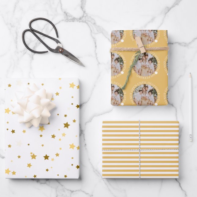 Do Not Open Until Christmas Gold Wrapping Paper Sheet (Front)