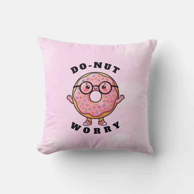 Do‑nut Worry – Cute Doughnut Cartoon Character Cushion (Front)