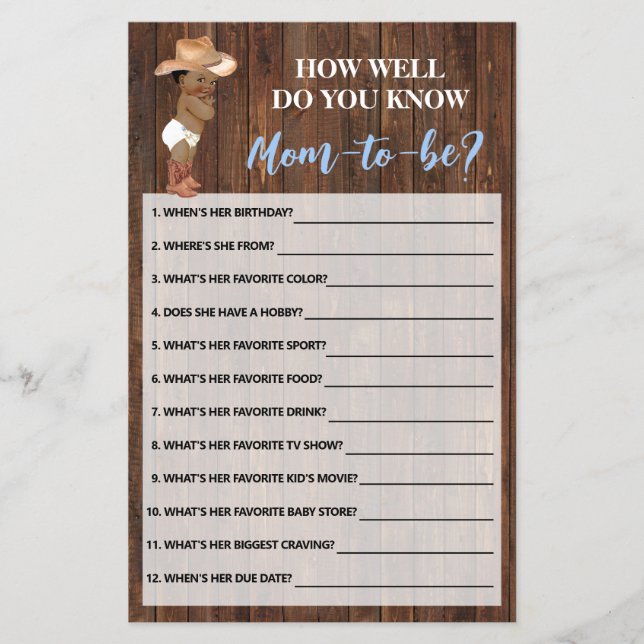 Do You Know Mum AA Cowboy Shower Game Card (Front)