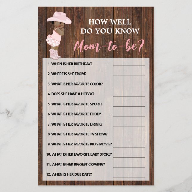Do You Know Mum AA Cowgirl Shower Game Card (Front)