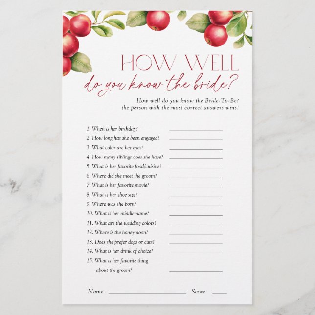 Do You Know The Bride Apple Bridal Shower Game (Front)