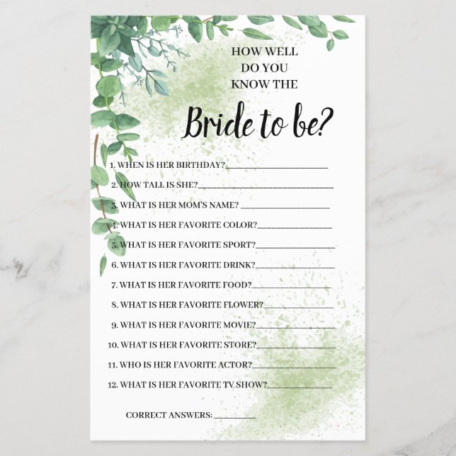 Do you know the Bride Eucalyptus Shower Game Card (Front)