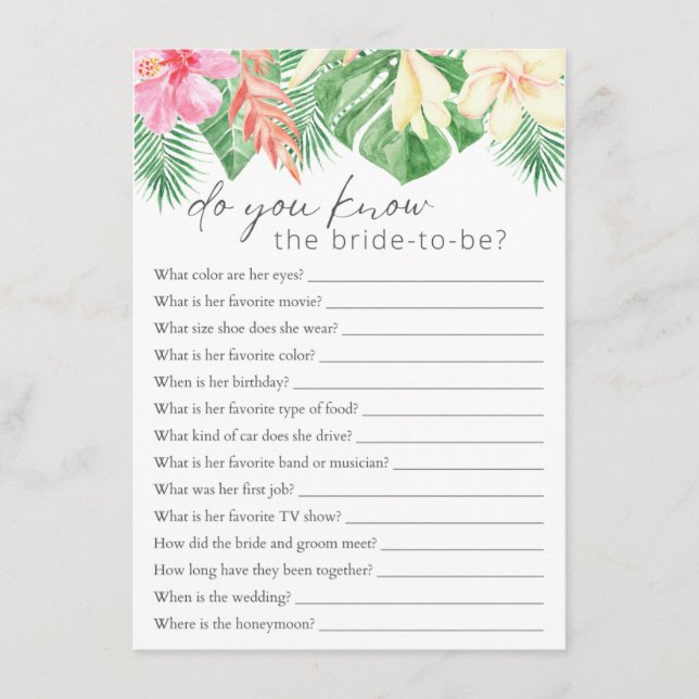 Do You Know the Bride Tropical  Bridal Shower Game Enclosure Card (Front)