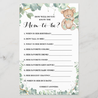 Do you know the Mum Shower Bear Greenery Game Card