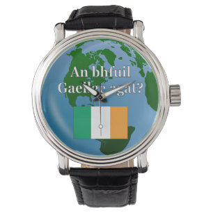 Do you speak Irish? in Irish. Flag & globe Watch