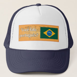 Do you speak Portuguese? in Portuguese. Flag wf Trucker Hat