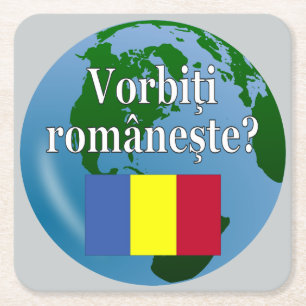 Do you speak Romanian? in Romanian. Flag & globe Square Paper Coaster